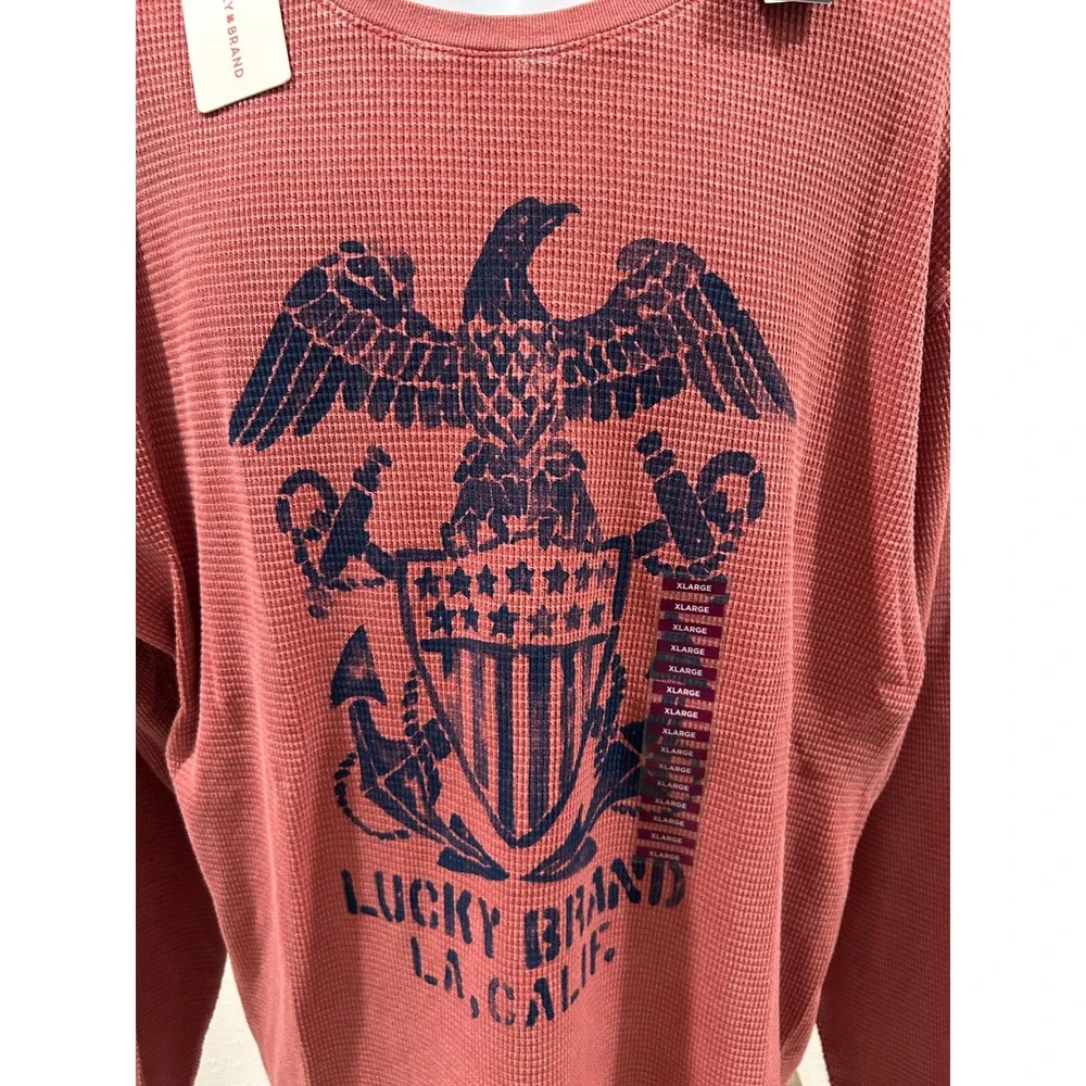 Lucky Brand Mens XL Waffle Knit Thermal Graphic Eagle Crest Shirt Red NEW - Picture 4 of 8